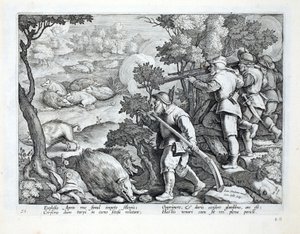 Les chasseurs utilisent des fusils pour abattre des sangliers, illustration de 